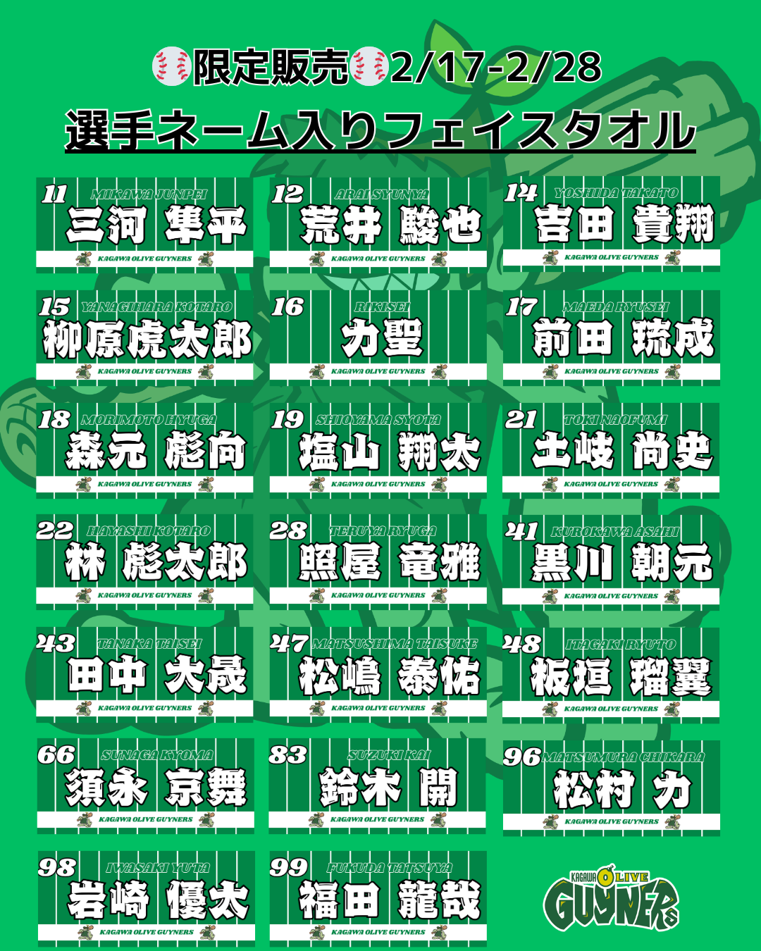 本日販売開始】「全選手・首脳陣ネーム入りフェイスタオル」期間限定